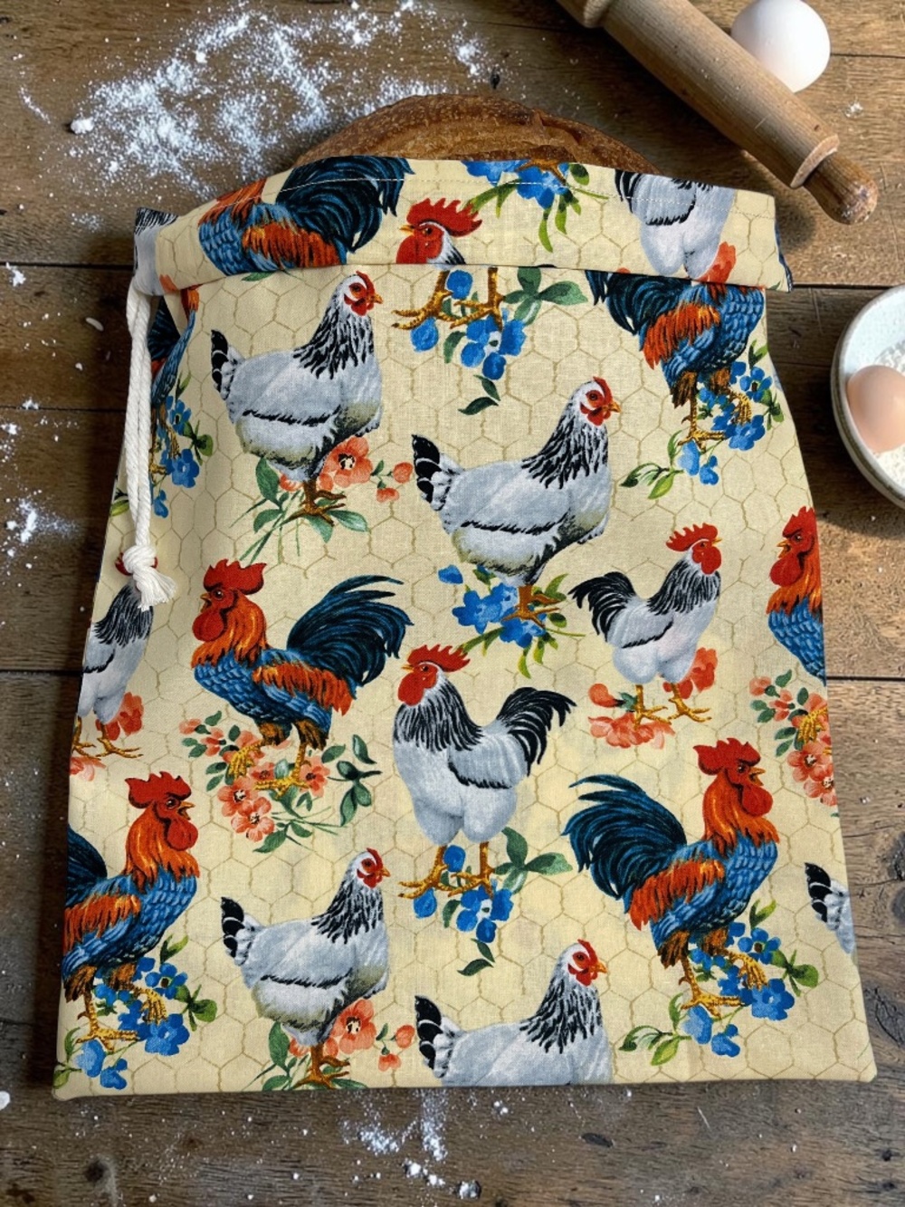 Farmhouse Raise Chickens Cotton Bread Bag, Reusable Cloth Sourdough Storage